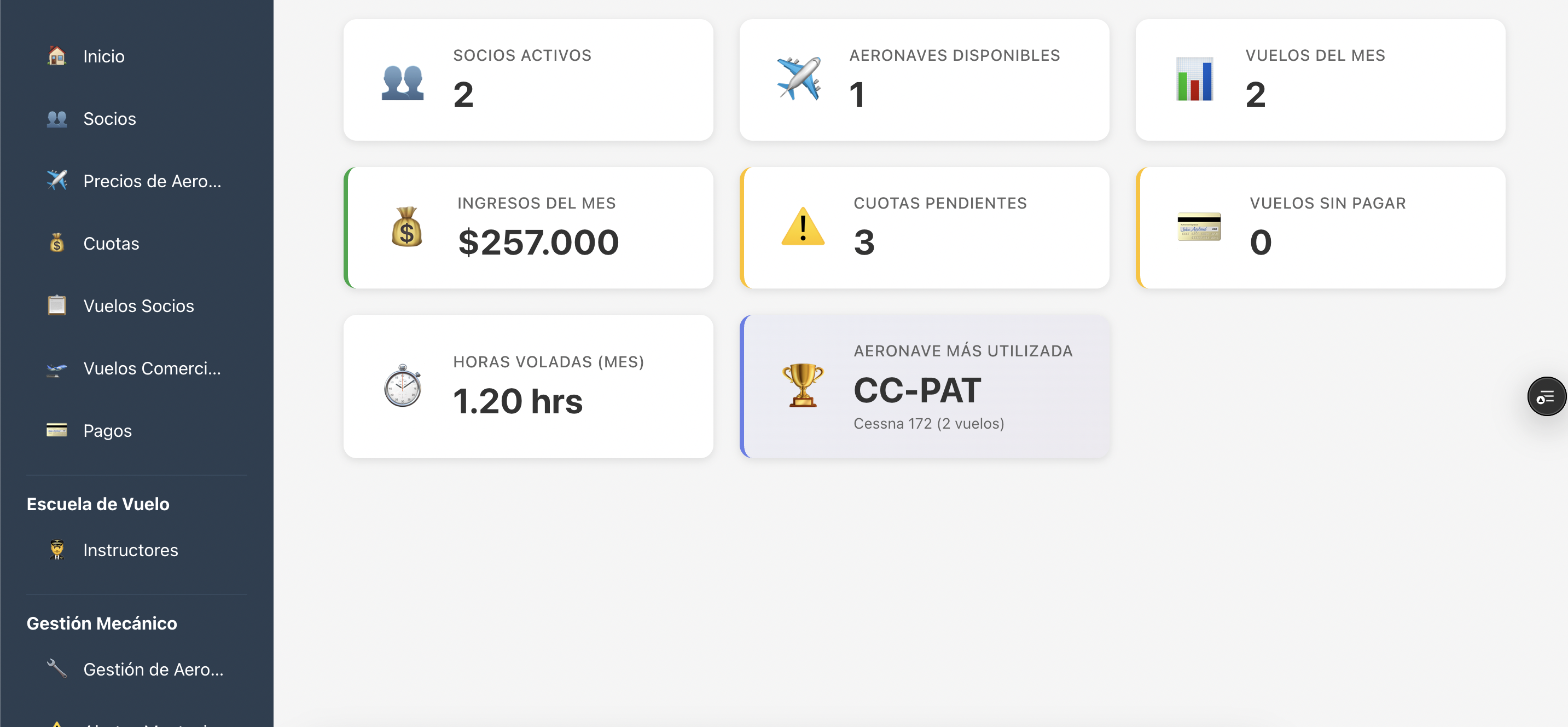 Dashboard ERP Sistema de Gestión de Clubes Aéreos